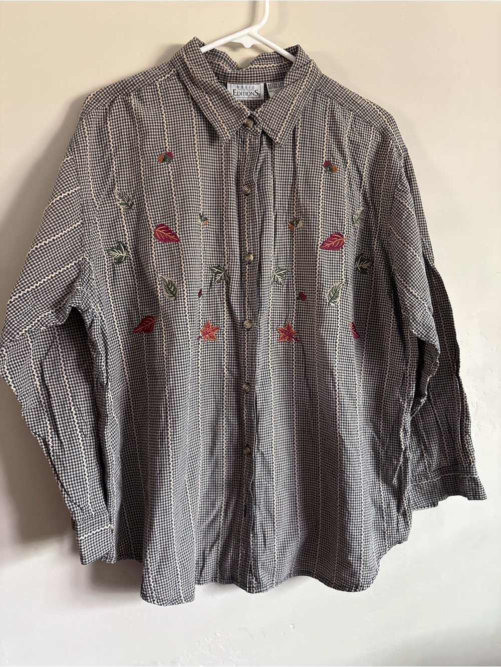 Vintage Blue & Cream Fall Embroidered Button-Up Shirt